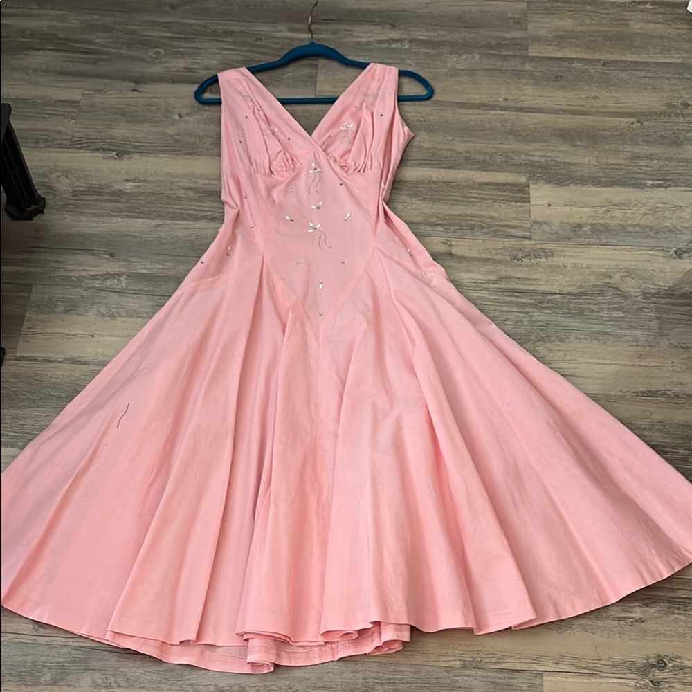 VINTAGE ONE OF A KIND 1950’s Pink Dress w/ embroidered flowers & rhinestones